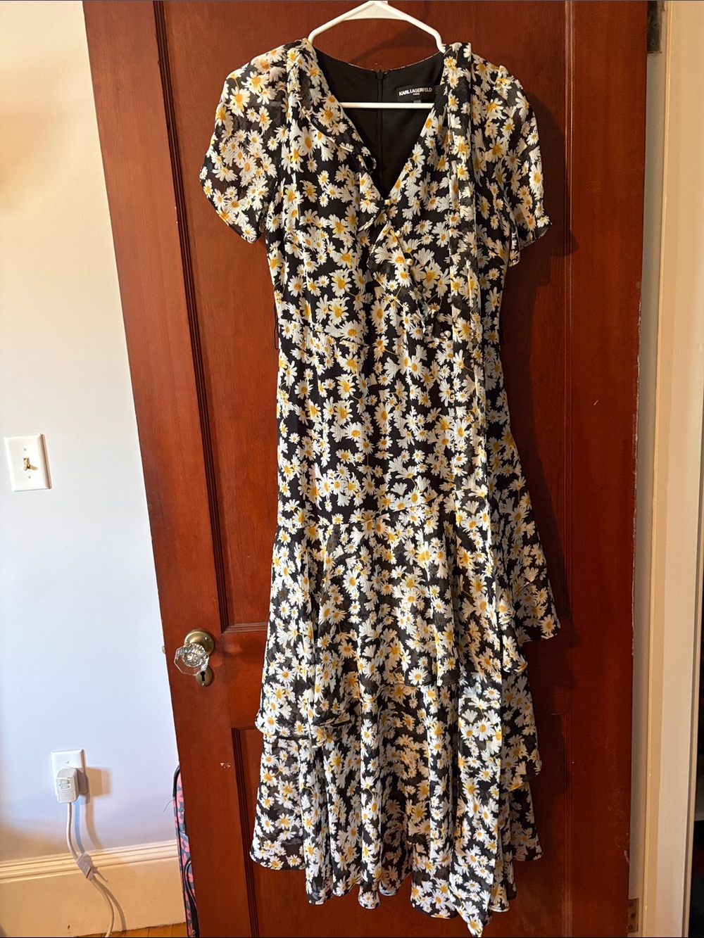 Karl Lagerfeld Black Midi Dress with White and Yellow Daisy Print